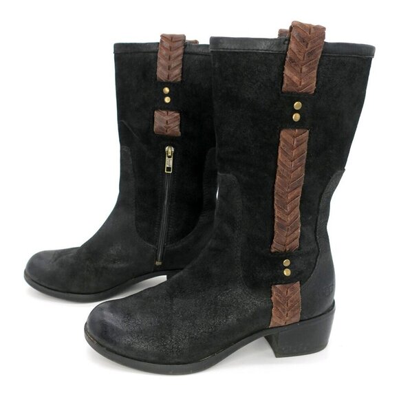 UGG Jaspan Riding Boots Black Leather Mid-Calf Casual Zip 1004206 Equestrian 6.5 - Picture 2 of 4